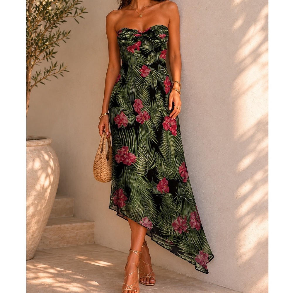 ECI‎ New York Strapless Silk Tropical Palm Floral Asymmetrical Midi Dress 10 o3